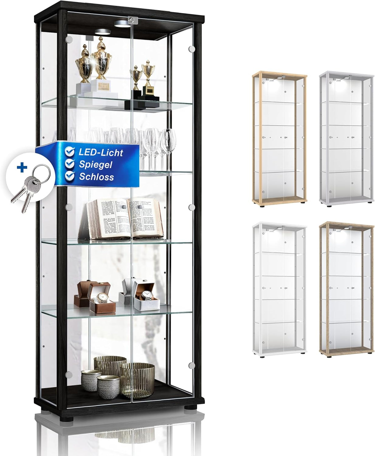 Vitrine, K-Möbel, 176 × 67 × 33cm, 62,5 cm, 5 kg, 23,6 × 62,5 cm, altura regulável, regulável, com iluminação LED, vidro, painel de madeira, Preto
