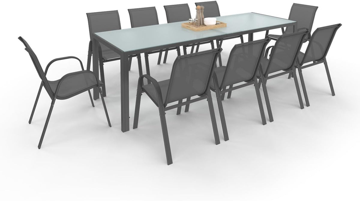 Conjunto de jardim, IDMarket, com 10 cadeiras, 240 cm, aço, vidro, Cinzento, para jardim e exterior