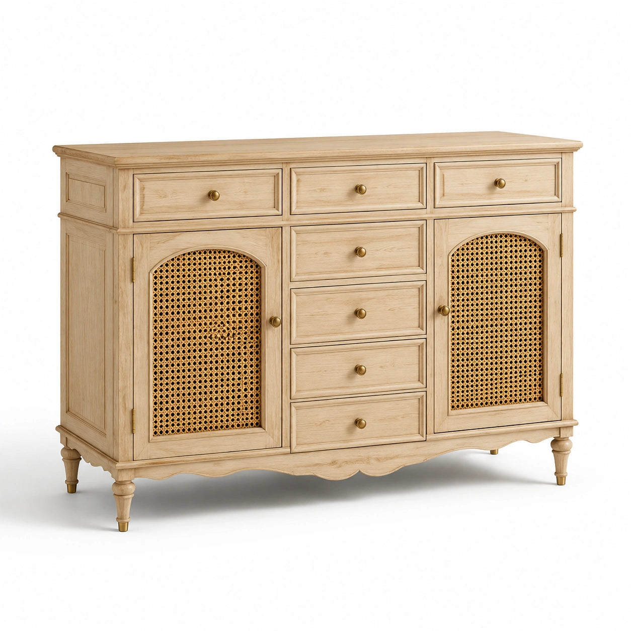 Aparador de madera natural con puertas de ratán 145x40x90 cm