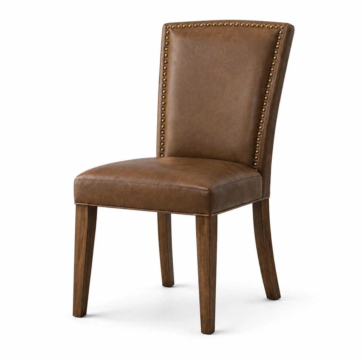 Silla de comedor de cuero sintético marrón con patas de madera