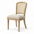 Silla de madera con respaldo de ratán y asiento de lino beige