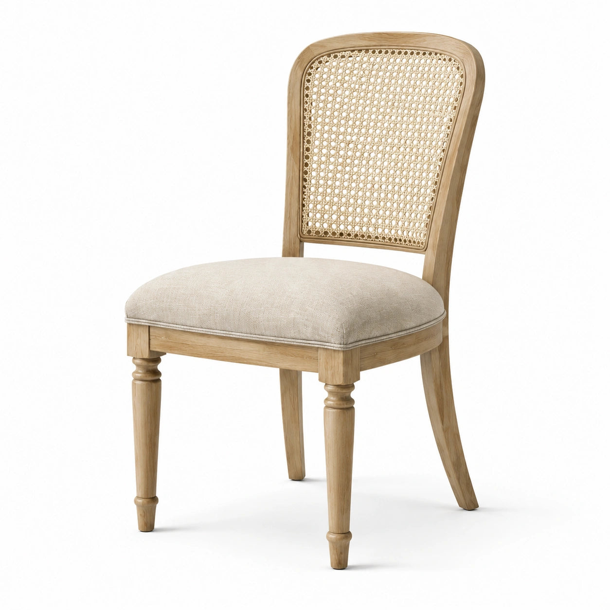 Silla de madera con respaldo de ratán y asiento de lino beige