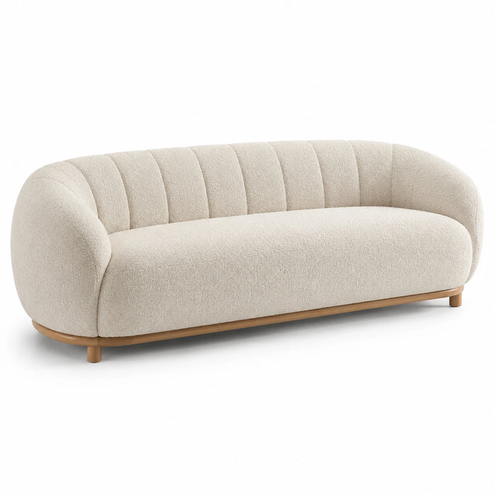 Sofá curvo de 3 plazas en poliéster beige con base de madera