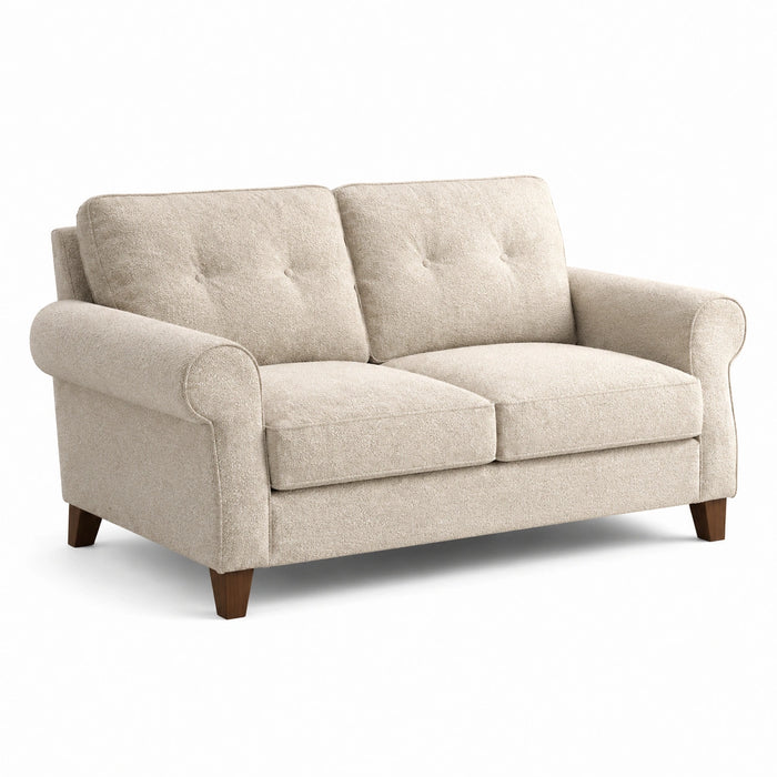 Sofá de 2 plazas de tela beige y madera