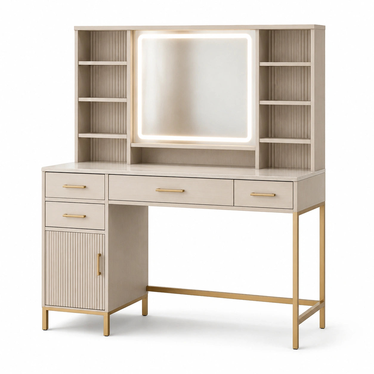 Tocador de MDF y metal con espejo LED beige 120x50x145 cm