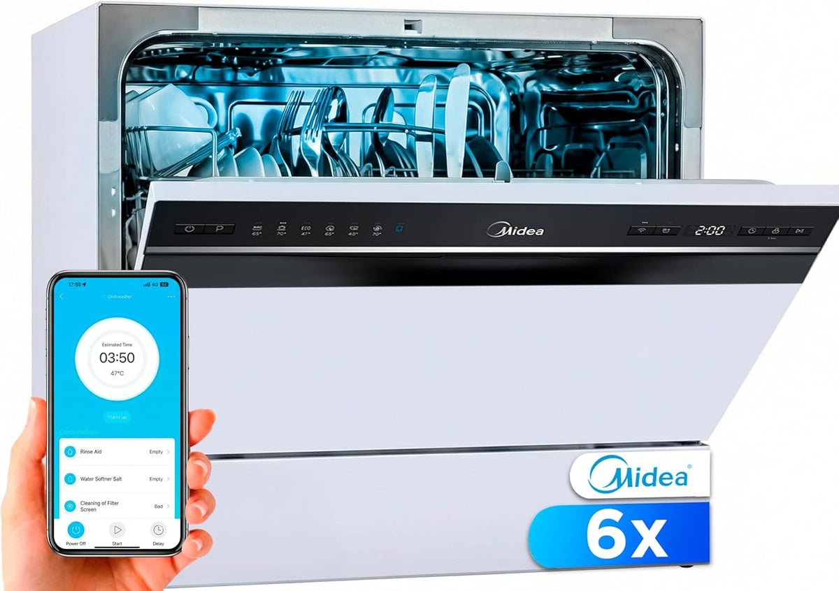 Máquina de lavar loiça compacta, Midea, 55 cm, 6 Programas, com controlo por aplicação, plástico, vidro, Branco, para uso diário