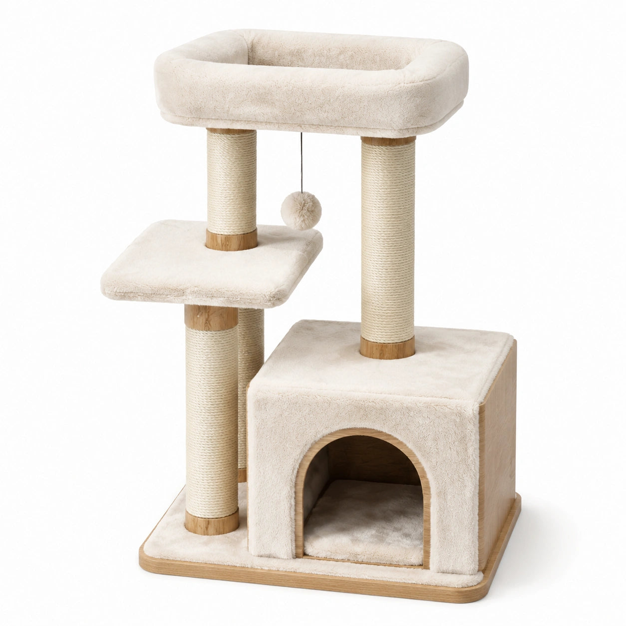 Árbol para Gatos de Madera Beige con Plataforma y Cueva