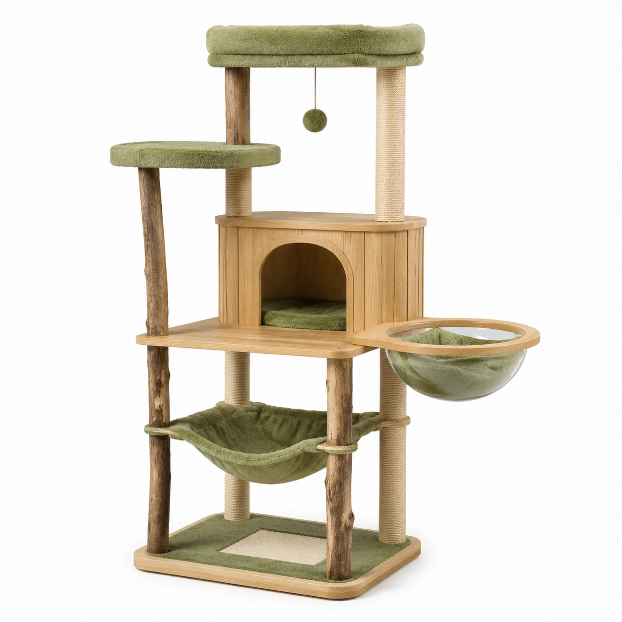 Árbol para gatos de madera, cuerda de sisal y textil verde con cúpula acrílica