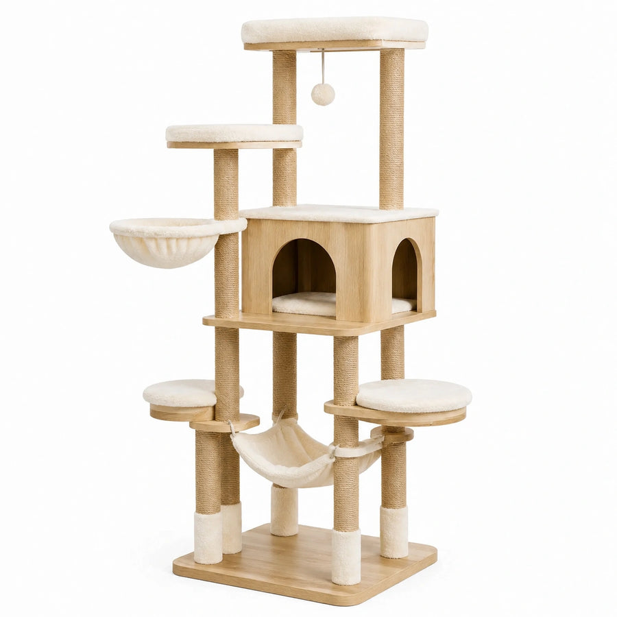 Árbol para Gatos de Madera con Rascadores y Hamaca Beige