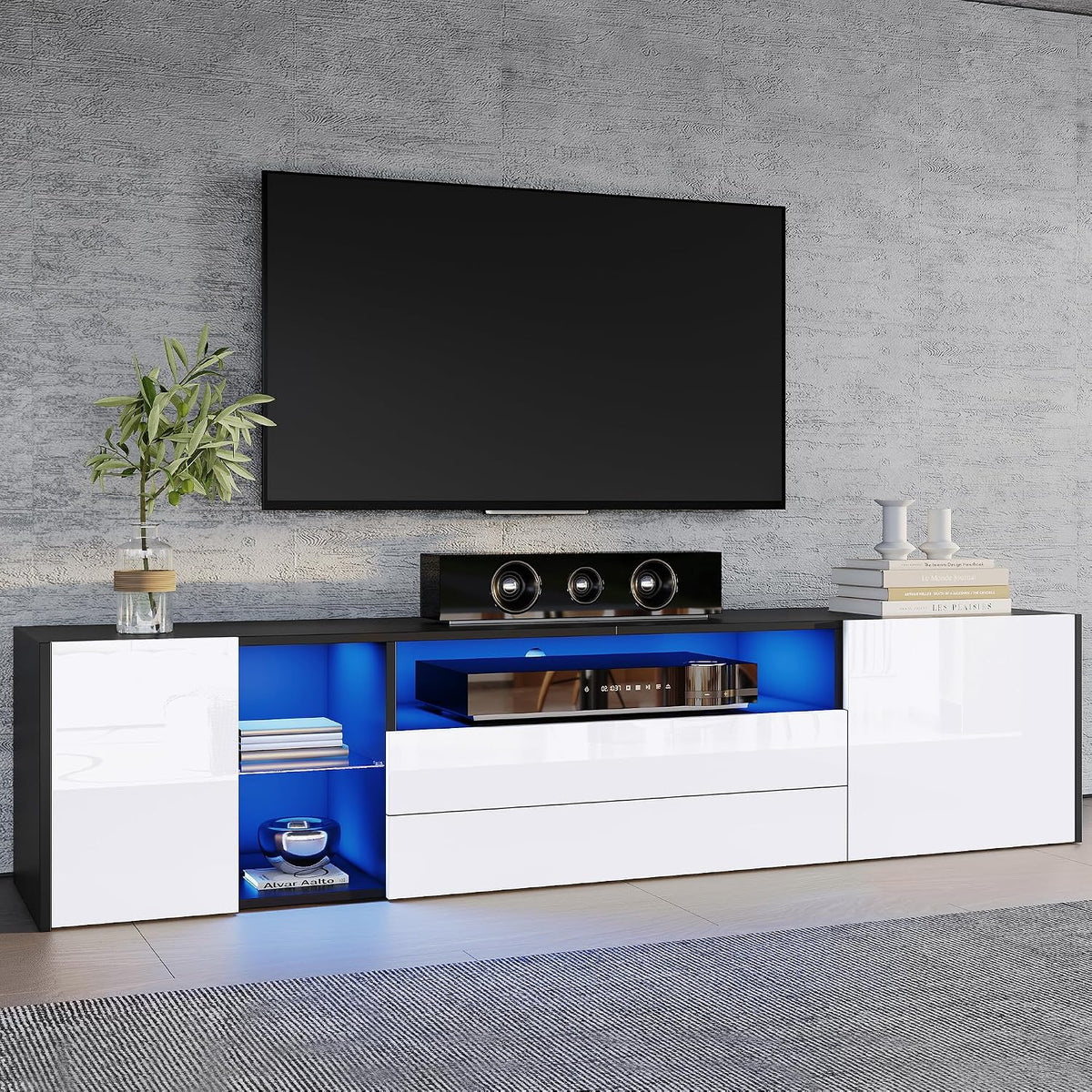 Móvel de TV, Merax, TV-Schrank, 180cm, 75 ', 45 cm, 180 × 40 × 45 cm, com iluminação LED, com comando à distância, vidro, painel de madeira, Preto