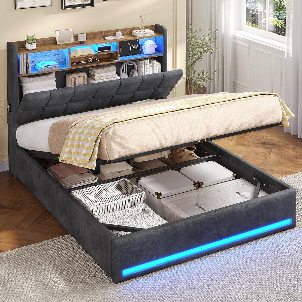 Cama, AOGLLATI, Polsterbett, 30 cm, com iluminação LED, com comando à distância, com prateleiras, Mehrfarbig, para o quarto