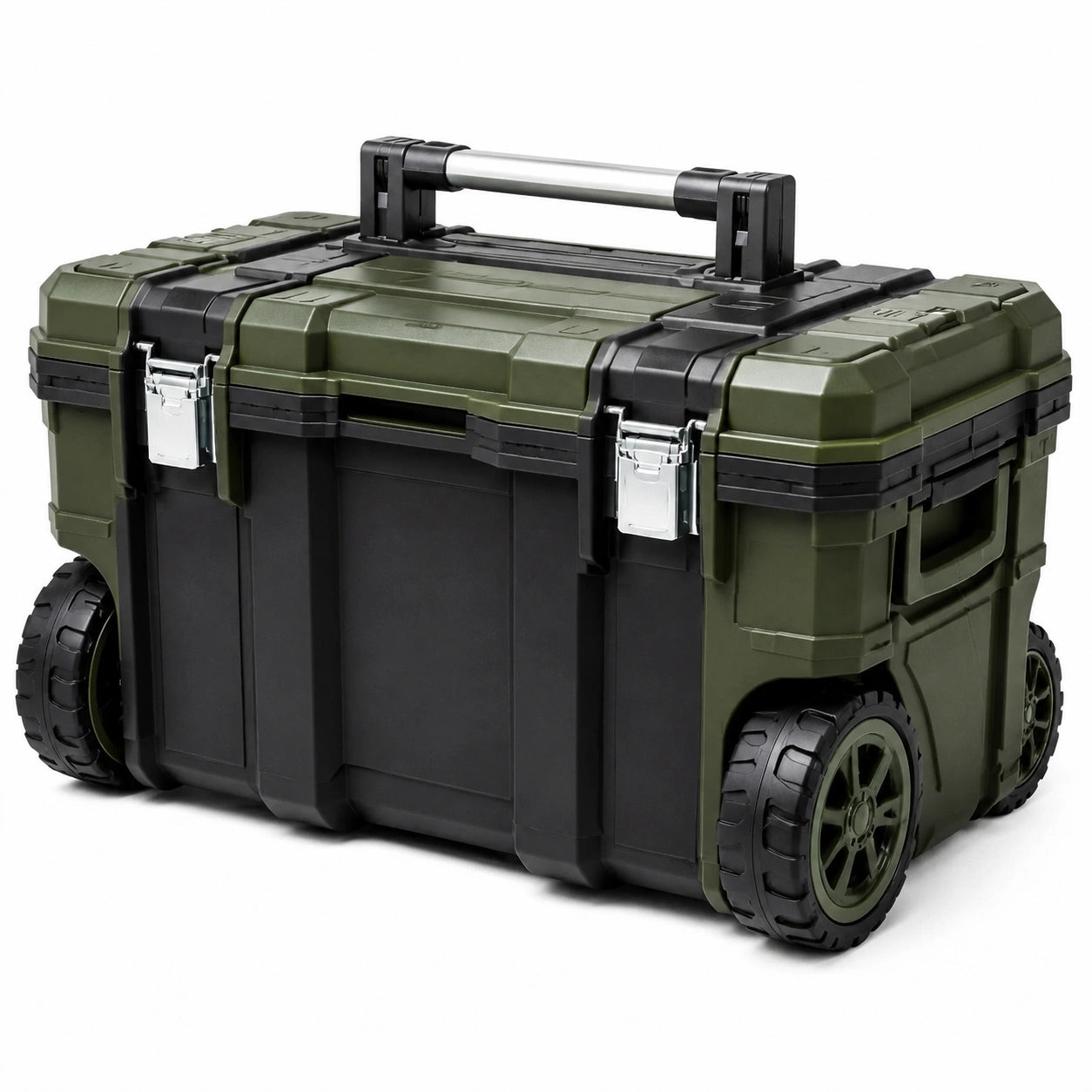 Caja de herramientas con ruedas de polipropileno, verde y negra, 60 cm x 40 cm x 35 cm