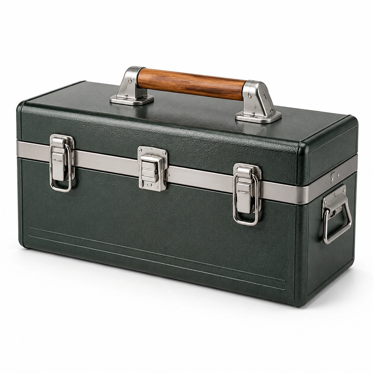 Caja de herramientas de metal verde con mango de madera