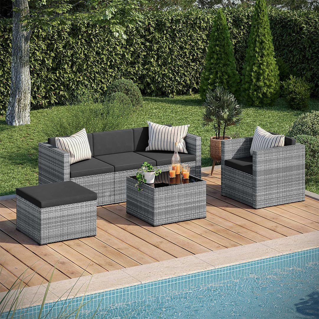 Conjunto de mobiliário de jardim, STEELSØN, Zethora, 480 kg, 160 kg, 75 kg, aço, ratã, Cinzento, para utilização no exterior