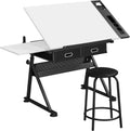 Mesa, Yaheetech, Zeichentisch, 120,5 cm, 60 cm, 69,5 cm, 92,5 cm, 30 cm, altura regulável, regulável, com gavetas, madeira, painel de madeira, Branco