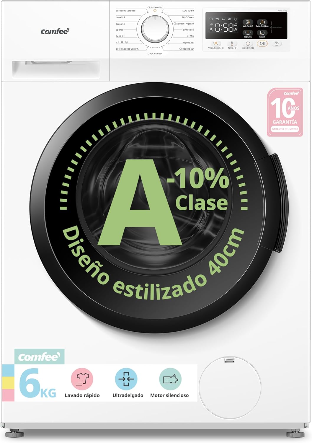 Máquina de lavar roupa, Comfee, A-10, 6 kg, 40 cm, 1200 RPM, Classe A-, algodão, tecido, Multicolor, para uso diário