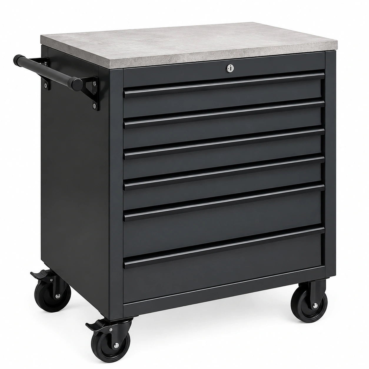 Carro de herramientas de metal negro con superficie de MDF y 7 cajones
