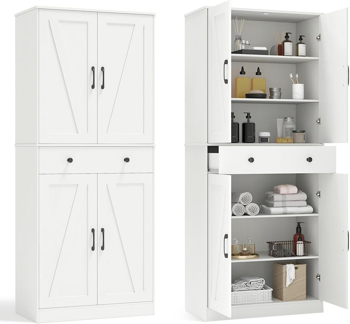 Armário de arrumação, COSTWAY, 183 cm, 140 kg, regulável, com prateleiras, com portas, Branco, para uso diário