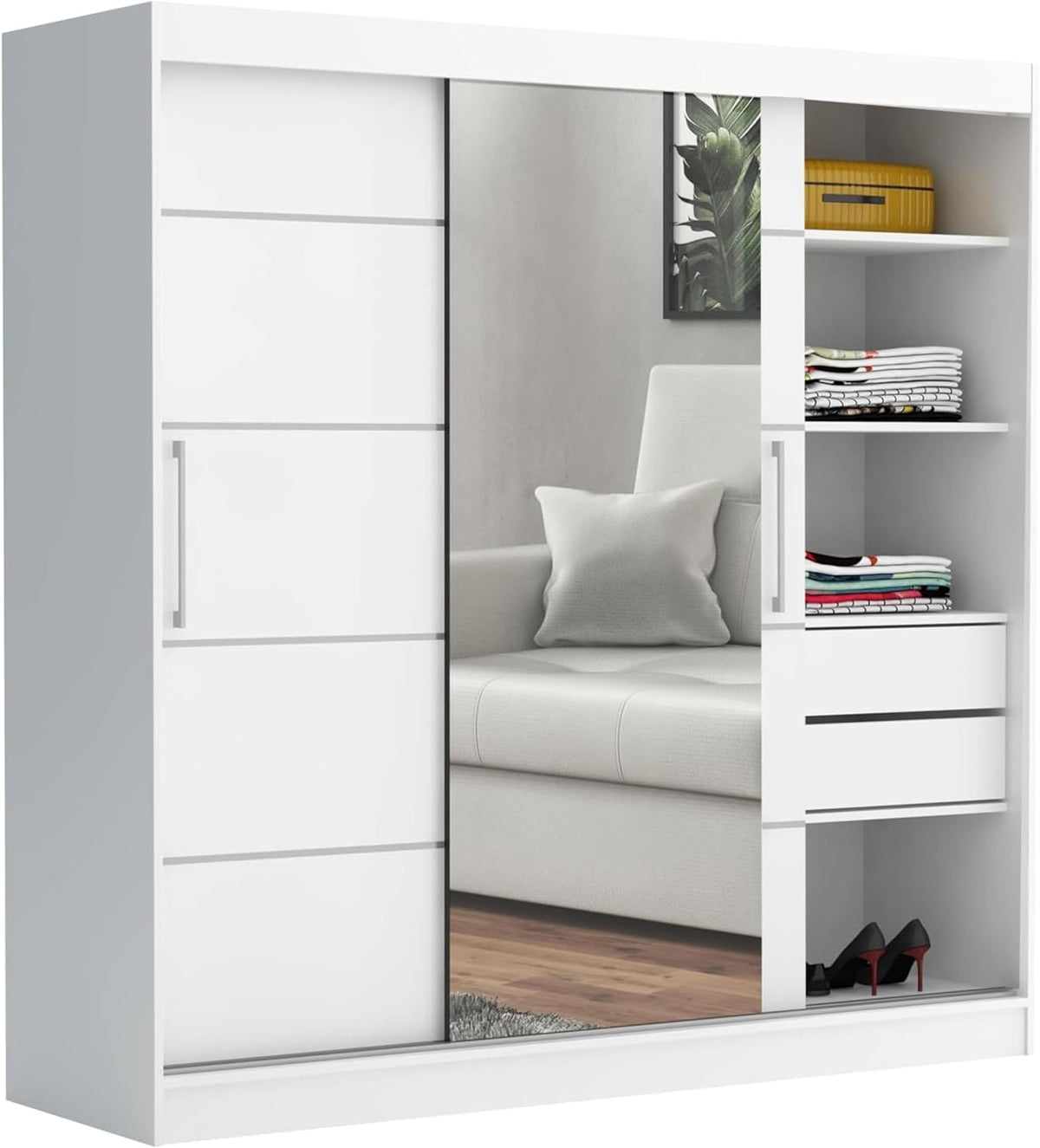 Roupeiro, Brent, 200cm, com gavetas, com prateleiras, com portas, alumínio, madeira, Branco, para o quarto