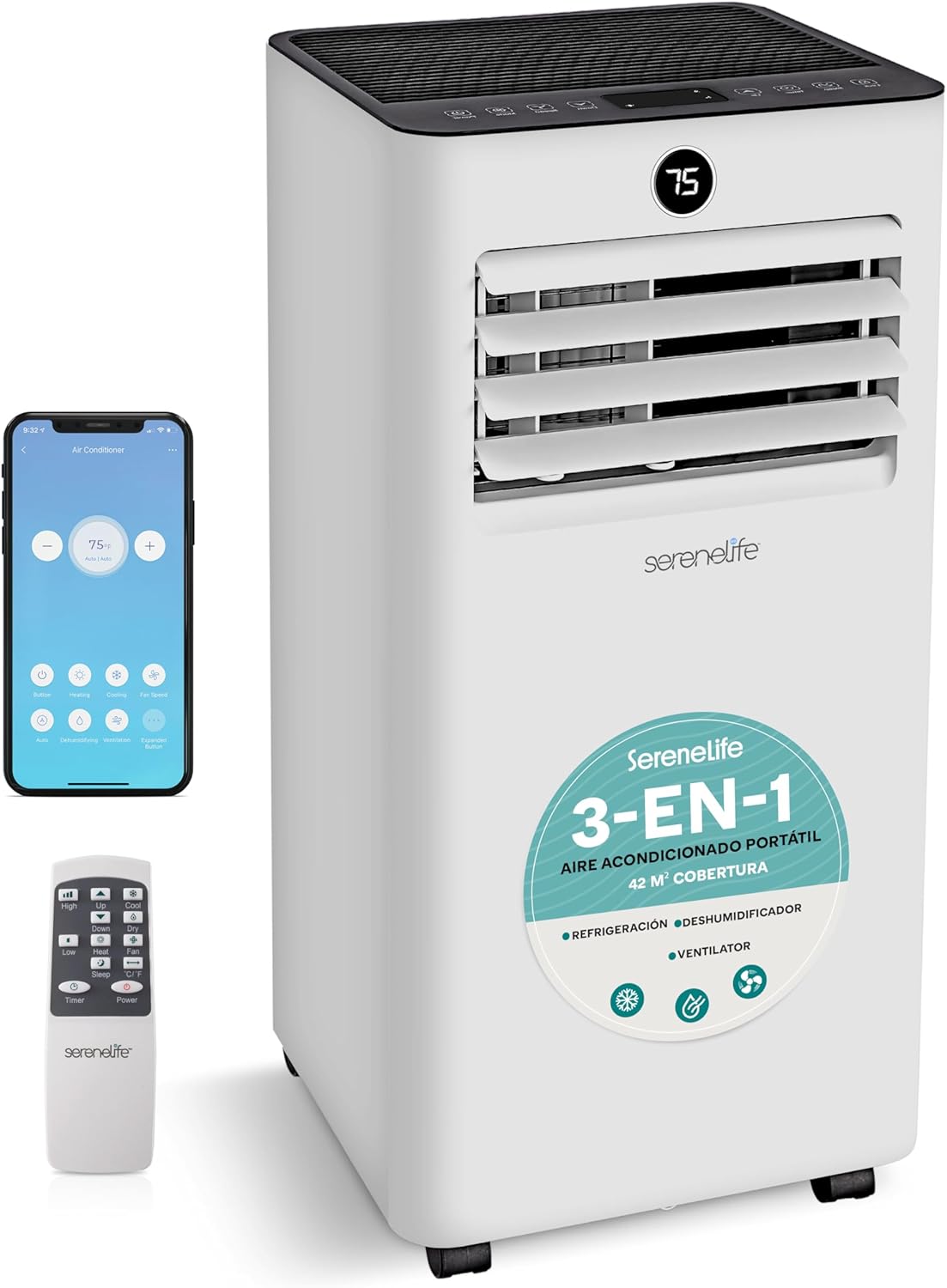 Ar condicionado portátil, SereneLife, 9000 BTU, 39,2 kg, com comando à distância, com temporizador, com controlo por aplicação, Multicolor