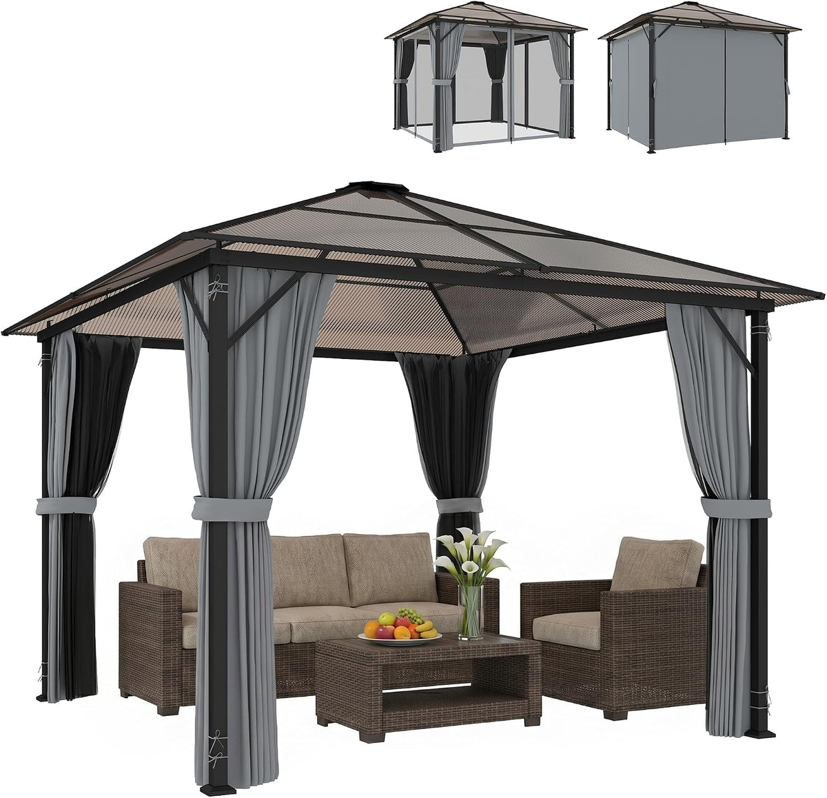 Gazebo de jardim, Outsunny, Gartenpavillon, 3 × 3 m, 300L, 198 cm, resistente à água, aço, alumínio, DunkelCinzento, para utilização no exterior