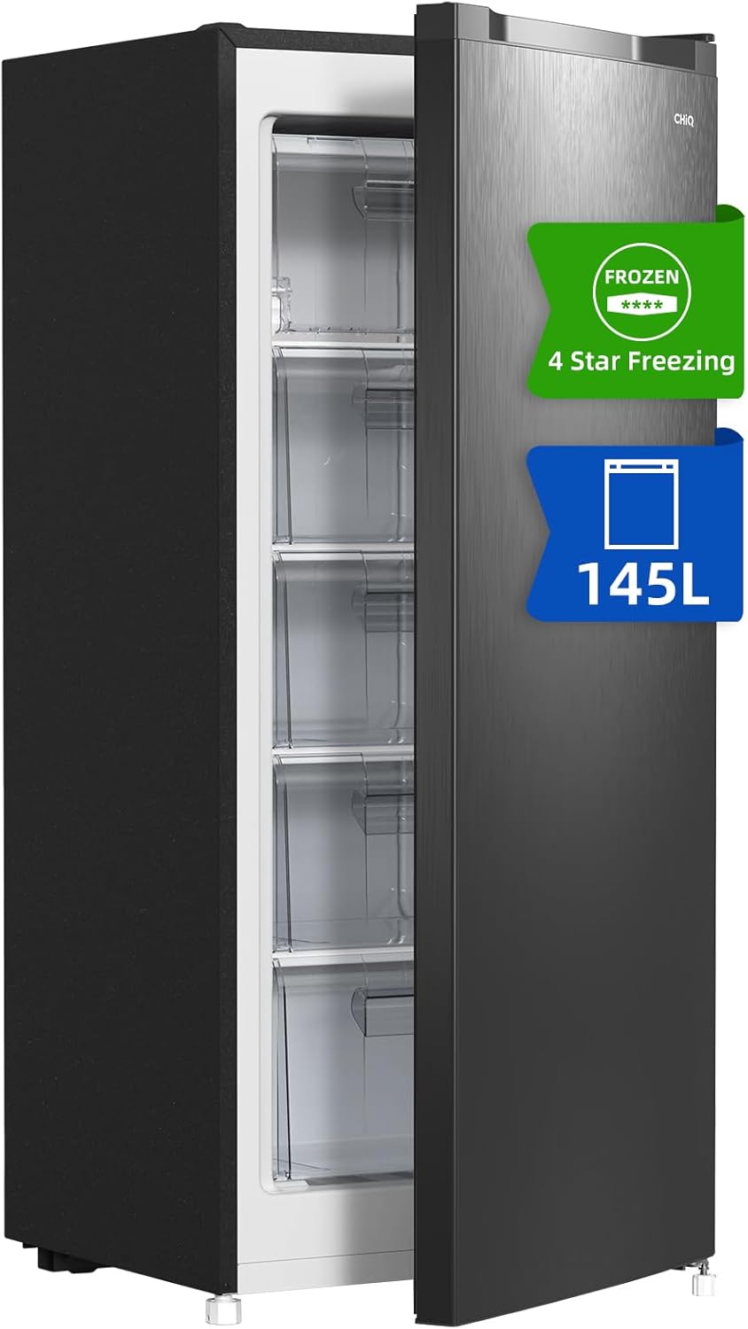 Congelador vertical, CHiQ, 145 L, 182 kw, 540 × 550 × 1259 mm, com gavetas, com prateleiras, plástico, Preto, para uso diário