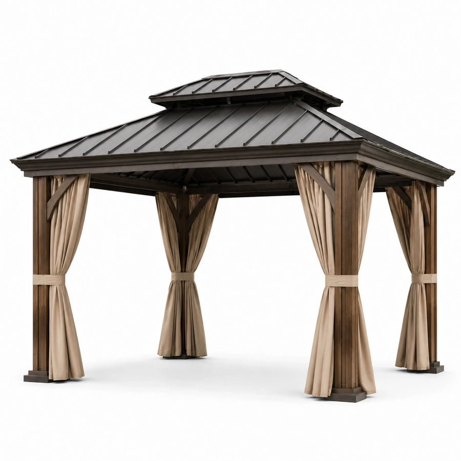 Pérgola de madera con techo metálico y cortinas de poliéster 3x3 m
