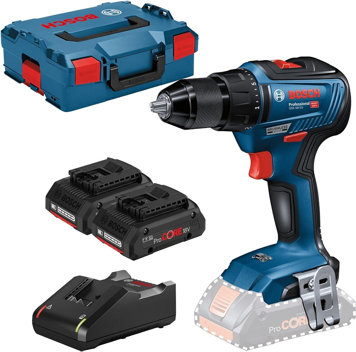 Berbequim aparafusador, Bosch Professional, 18V, 4.0Ah, 40l, com bateria, com carregador, madeira, metal, Natural, para trabalhos de manutenção