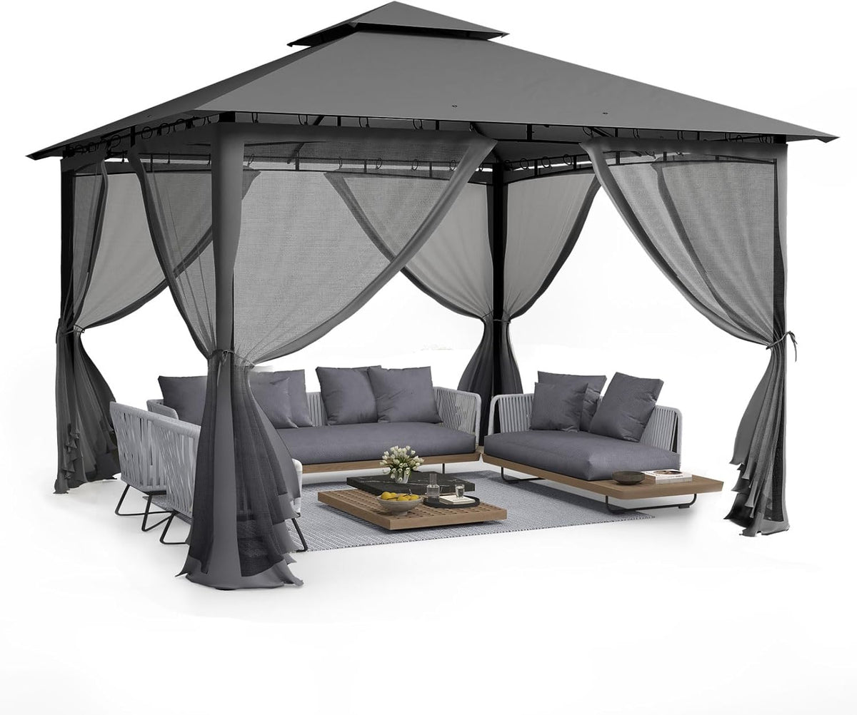 Tenda de jardim, UDPATIO, 3,35 × 3,35m, resistente à água, aço, Cinzento, para utilização no exterior