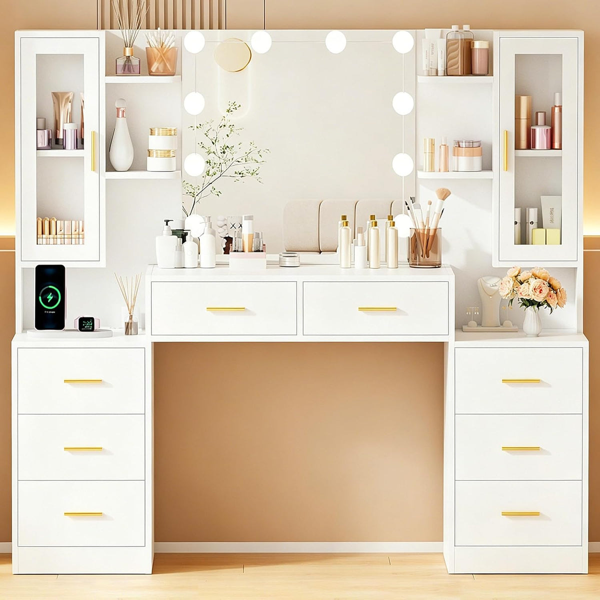 Toucador, ANWBROAD, 150cm, com iluminação LED, com gavetas, com prateleiras, painel de madeira, Mehrfarbig, para o quarto