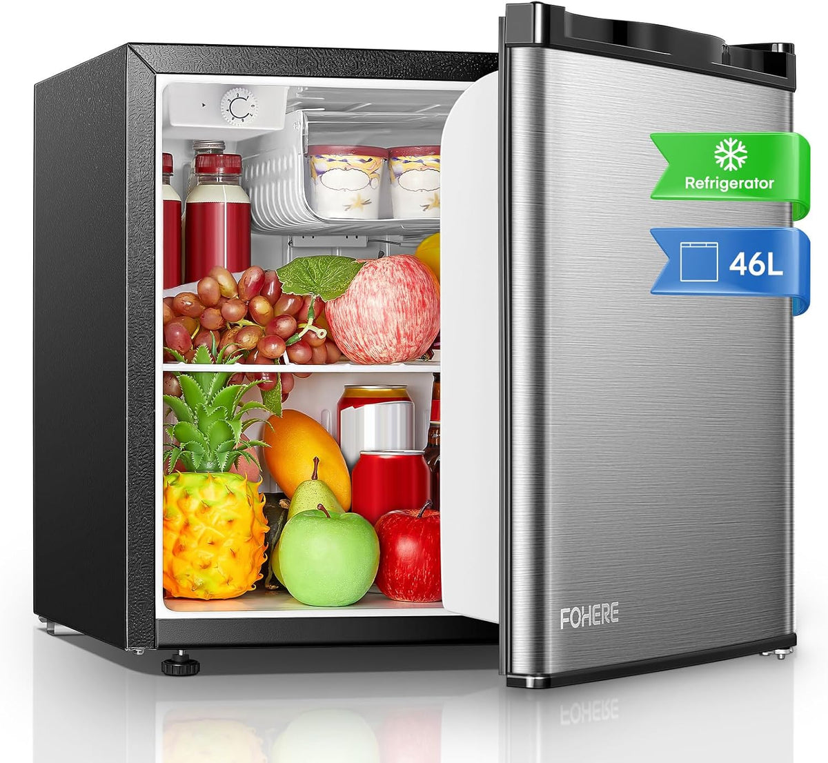 Minifrigorífico, FOHERE, 46 L, 45 cm, 15 L, 12,5 kg, 28.58 cm, 56,5 kg, regulável, Prateado, para uso diário