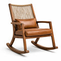 Silla mecedora de madera con respaldo de cuerda y cojines de cuero sintético marrón