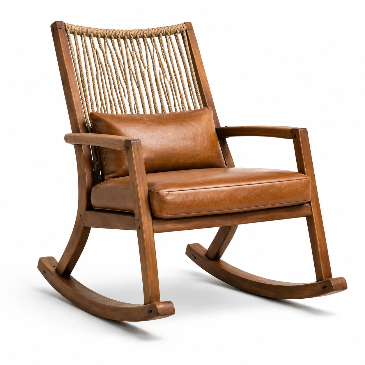 Silla mecedora de madera con respaldo de cuerda y cojines de cuero sintético marrón