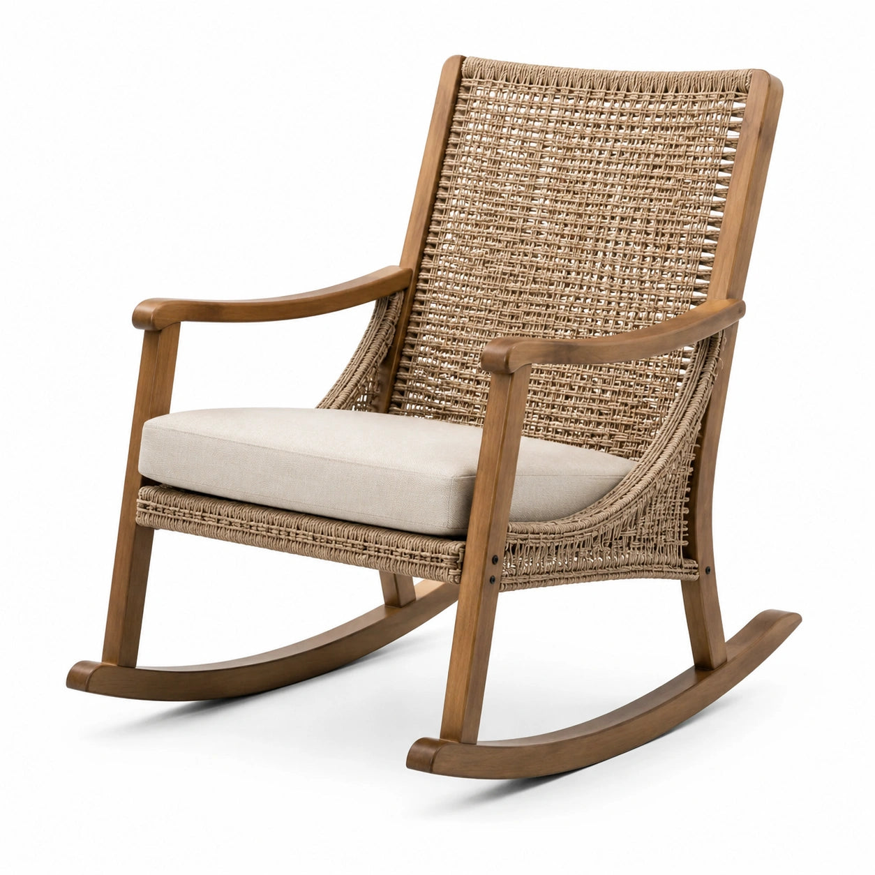 Silla mecedora de teca y ratán con cojín beige