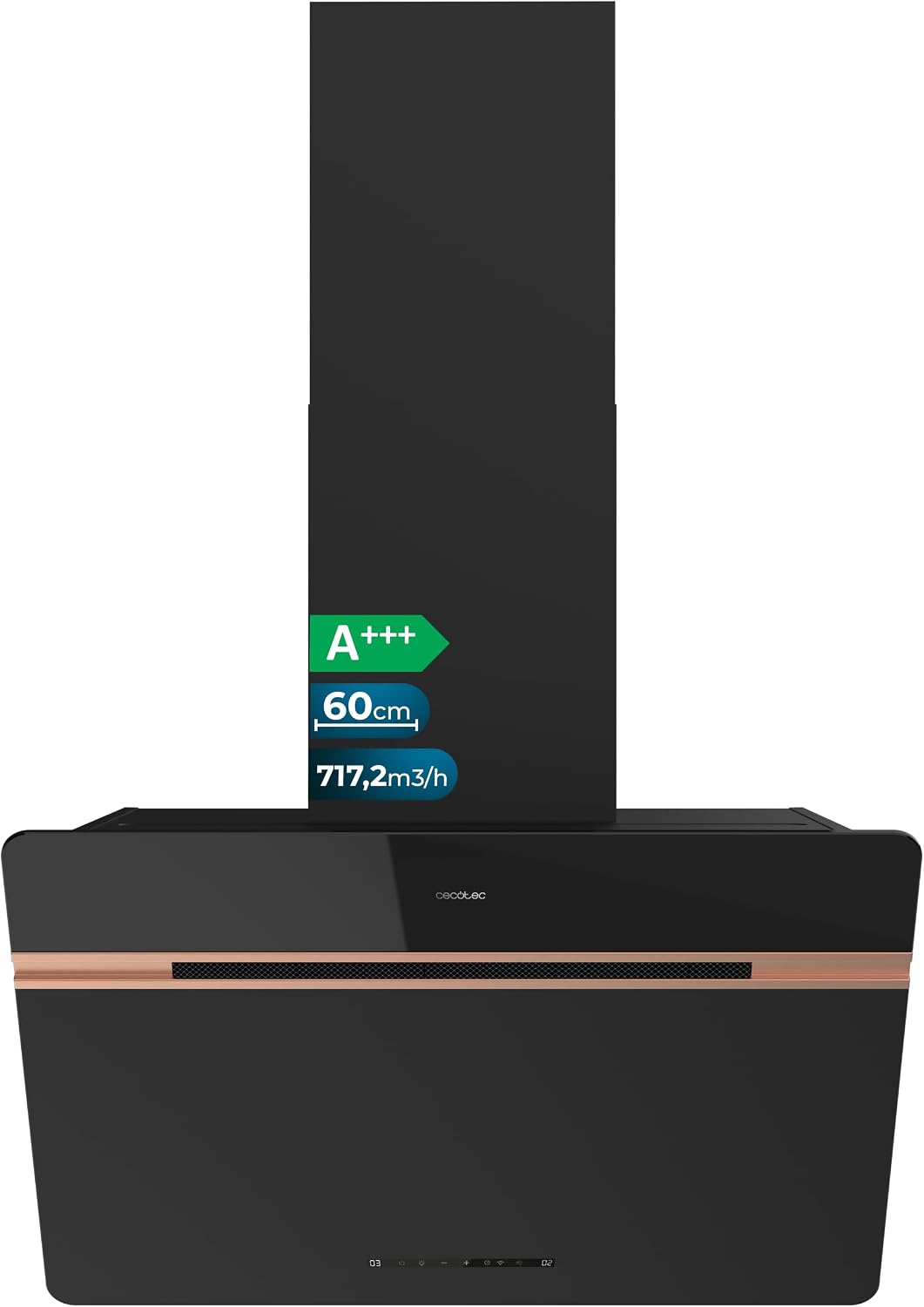 Cecotec, Exaustor, 60 cm, Classe A+++, com iluminação LED, com controlo por aplicação, alumínio, plástico, Preto / Cobre, para uso diário