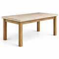 Mesa de comedor de mármol travertino con base de roble