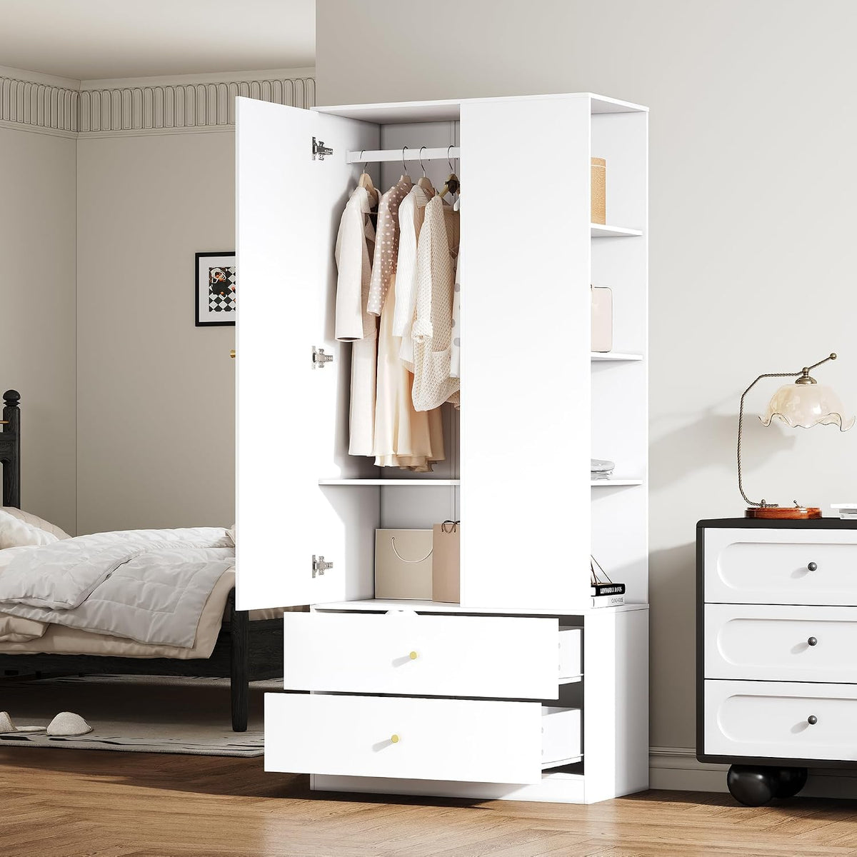 Roupeiro, Moimhear, 40 cm, 180 cm, 49,5 kg, 55,8 kg, 50 kg, 20 kg, com gavetas, madeira, Branco, para o quarto
