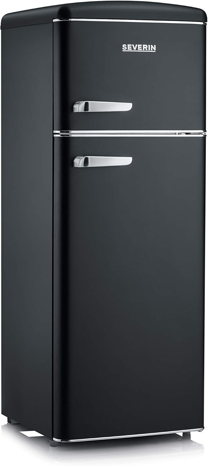 Frigorífico combinado, Severin, 206 L, 146 cm, com iluminação LED, com prateleiras, vidro, Preto, para uso diário