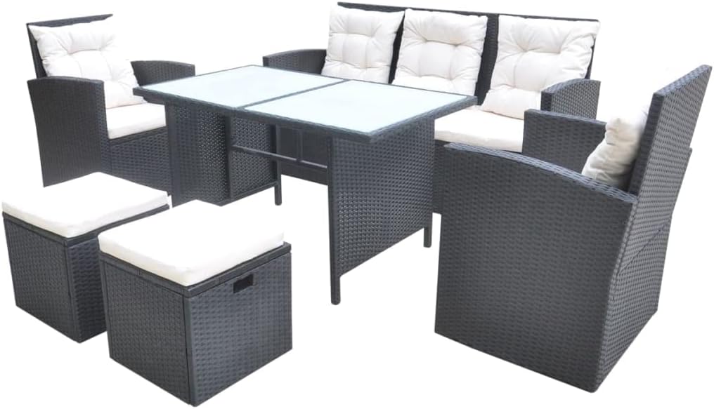 Conjunto de jardim, vidaXL, 7 pessoas, resistente à água, aço, ratã, Preto, para jardim e exterior