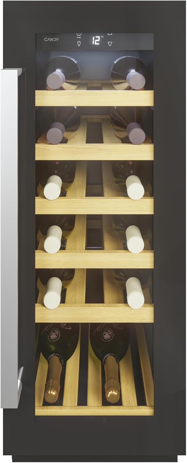 Frigorífico para bebidas, CANDY, 58 L, 39 DB, Classe F, com iluminação LED, com prateleiras, madeira, vidro, Preto, para uso diário