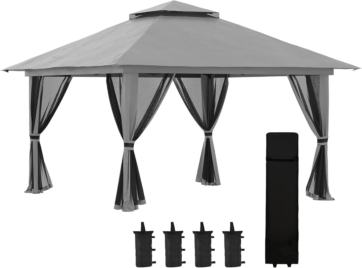 Gazebo de jardim, Outsunny, 4 × 4m, 12,5 kg, 9,5 kg, 392L, 25L, dobrável, altura regulável, regulável, poliéster, tecido, DunkelCinzento