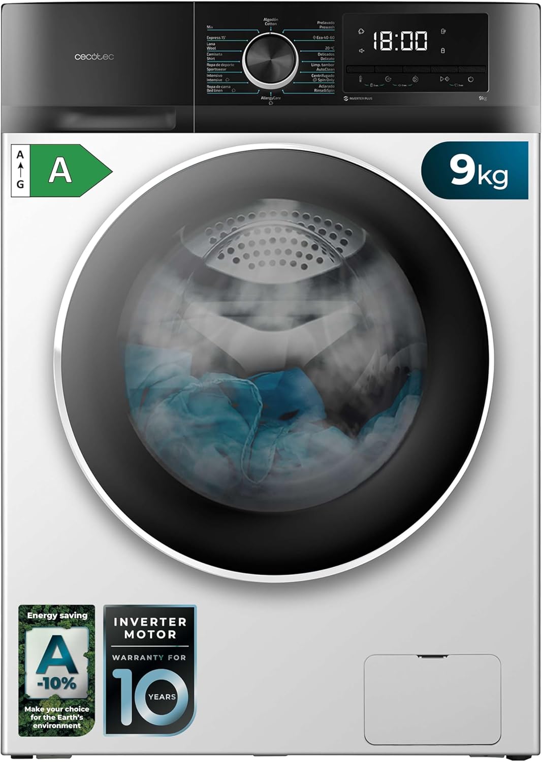 Máquina de lavar roupa, Cecotec, Waschmaschine, 9 kg, classe energética A, 16 programas, algodão, tecido, Mehrfarbig, para uso diário