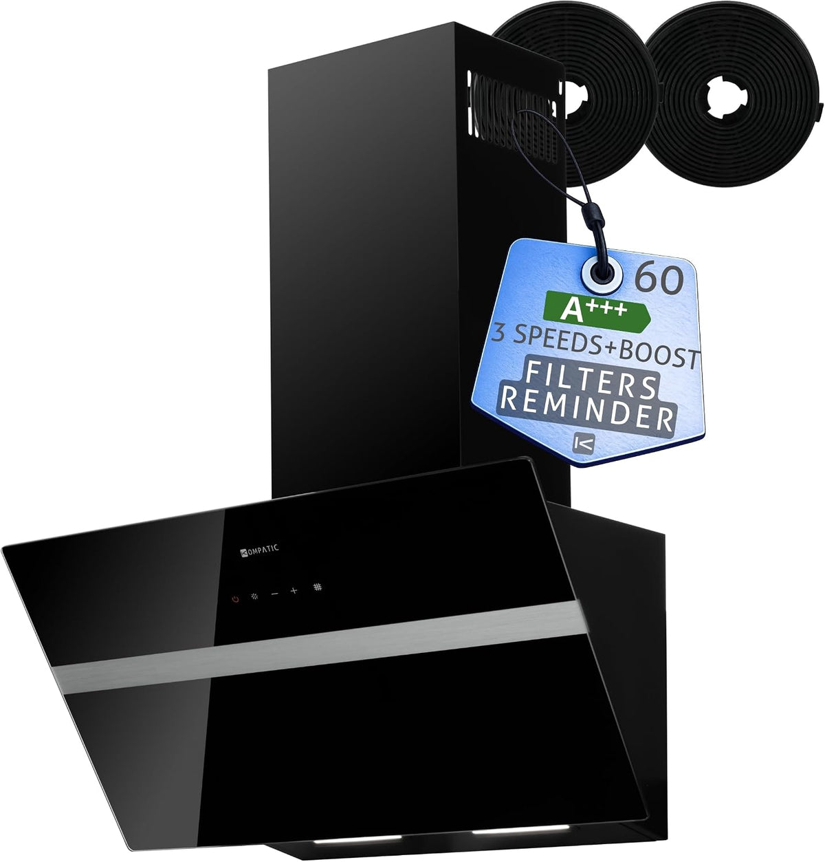 Exaustor, KOMPATIC, KAVRW60B, classe A+++, 60 cm, 3 VELOCIDADES, classe energética A+++, com temporizador, com iluminação LED, alumínio, vidro, Preto