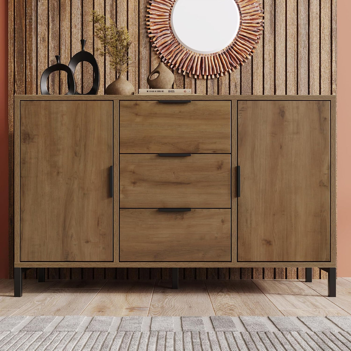 Aparador, Merax, Sideboard, 120 cm, 120 × 40 × 76 cm, 3cm, altura regulável, regulável, com gavetas, madeira, metal, Eiche, para uso diário