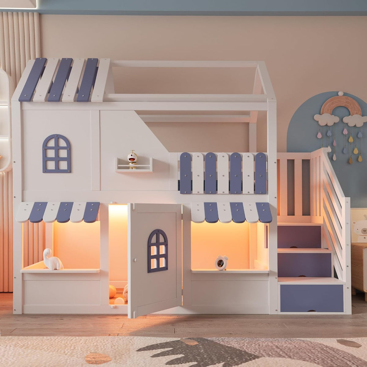 Cama, Yrxin, 200 cm, 90 × 200 cm, com iluminação LED, com prateleiras, sem colchão, madeira, Branco, para o quarto