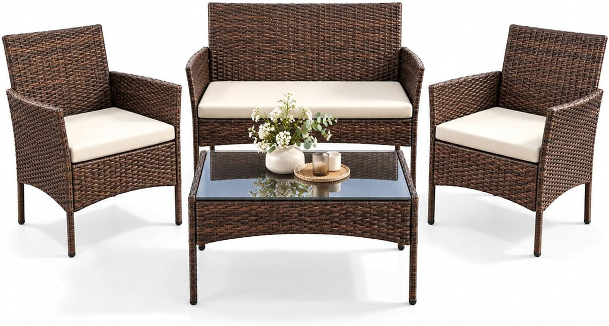 Conjunto de mobiliário de jardim, YOEVU, 32,6 kg, aço, vidro, Castanho, para jardim e exterior