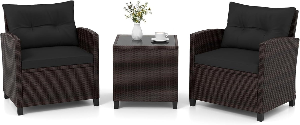 Conjunto de mobiliário de jardim, GIANTEX, 2 Pessoas, 58 kg, ratã, vidro, Preto, para jardim e exterior