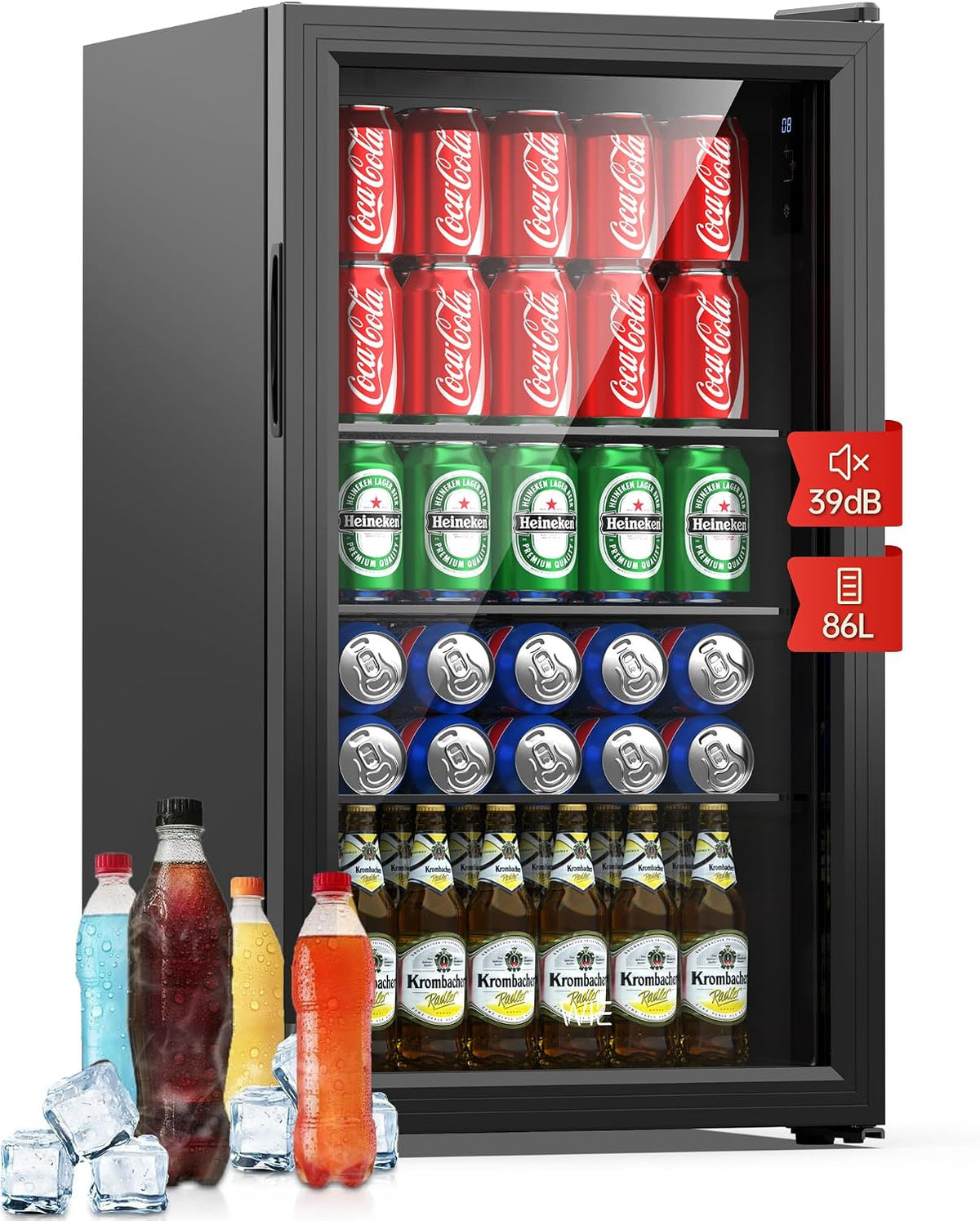 Frigorífico para bebidas, WIE, 86 L, com prateleiras, com rodas, vidro, Preto, para uso diário