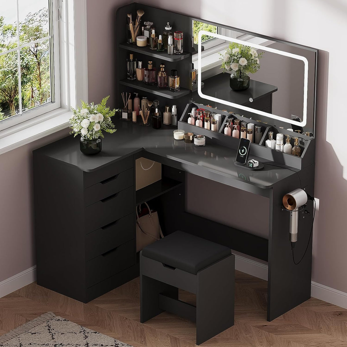 Toucador, JUMMICO, Schminktisch, com gavetas, com prateleiras, com portas, Preto, para o quarto