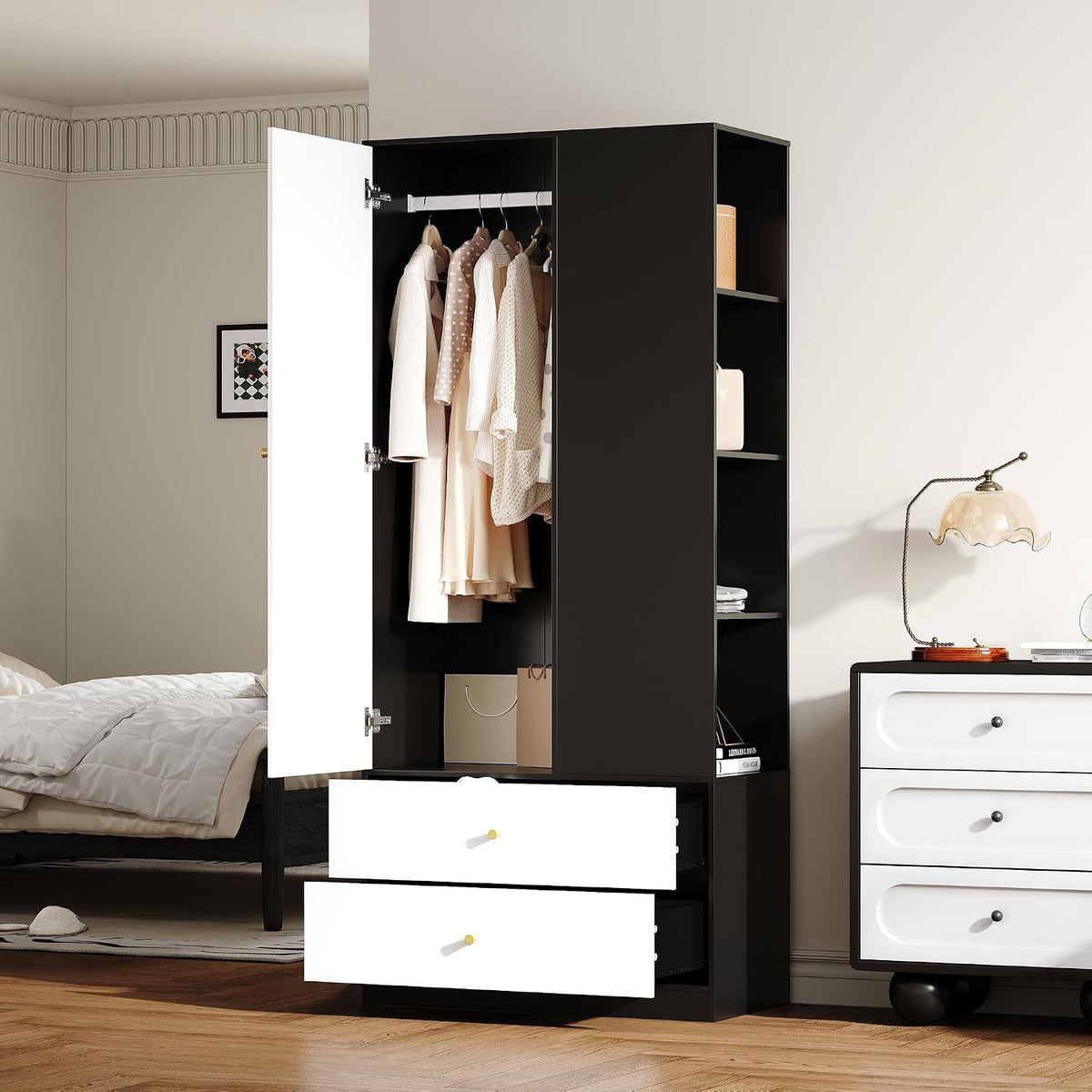 Roupeiro, GAWYOEX, 180 cm, 40 cm, 180 × 80 × 40 cm, com gavetas, com prateleiras, madeira, Preto, para o quarto